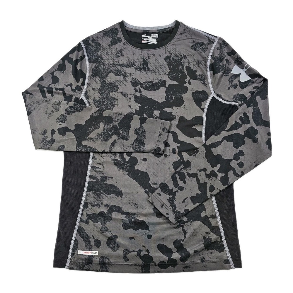 Under Armour Men Fitted Heatgear Performance T Shirt M Black Gray Camo Mesh Logo